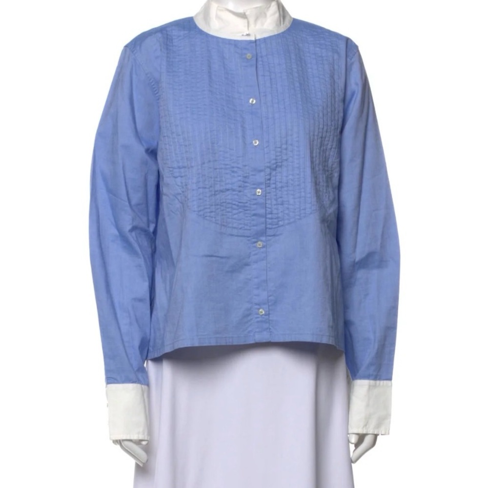 The Great Women's Shirt Size 1 Blue Button Up Mock Neck‎ Long Sleeve 100% Cotton